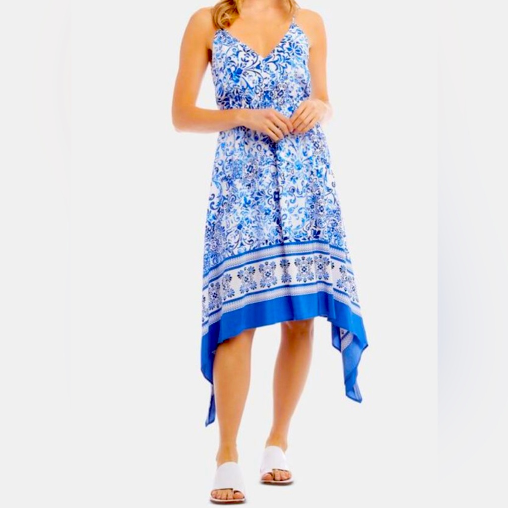 Karen Kane Santorini Blue And White Asymmetrical Sundress. Size Medium.